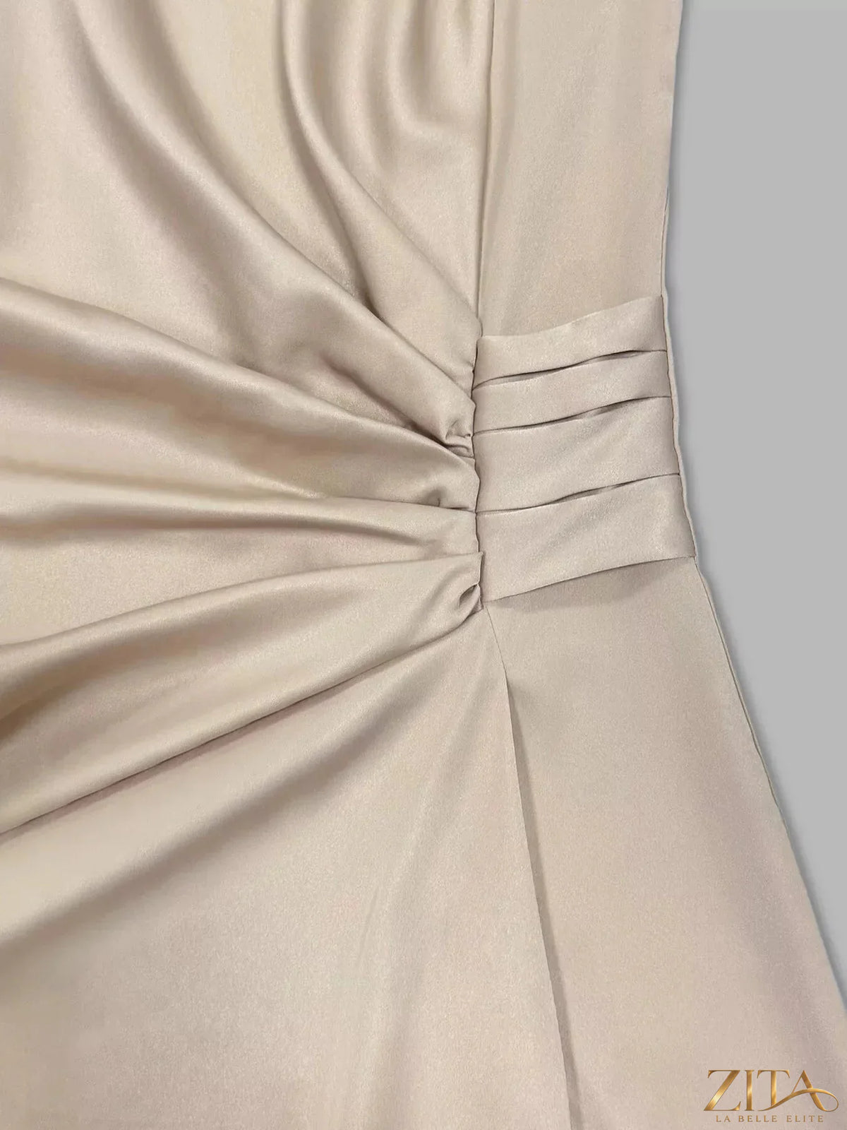 Zita La Belle Elite long sleeve satin midi dress with ruched design, elegant and smooth fabric, shown on a model.