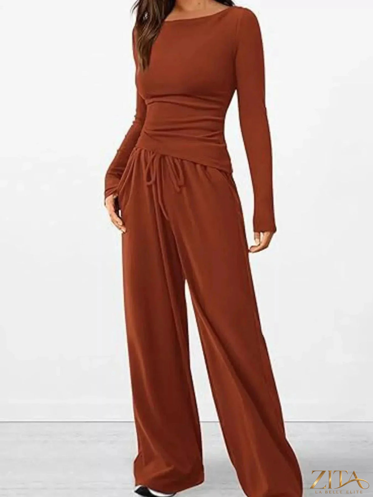 Zita La Belle Elite long sleeve top and wide-leg pants set in soft fabric, styled together for a chic, comfortable look.
