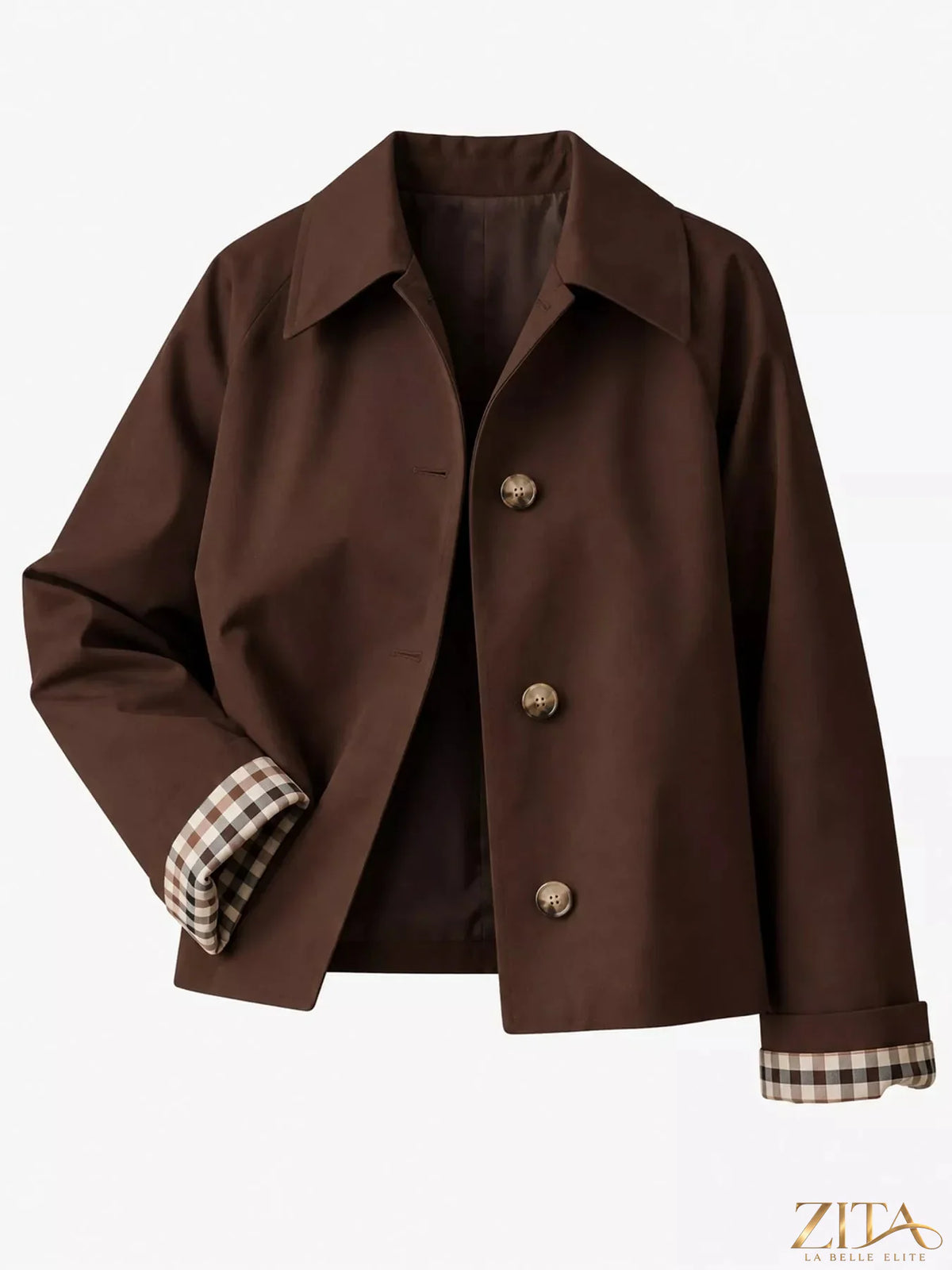 Zita La Belle Elite plaid cuffs cropped trench coat featuring a classic checkered pattern and stylish outerwear design.