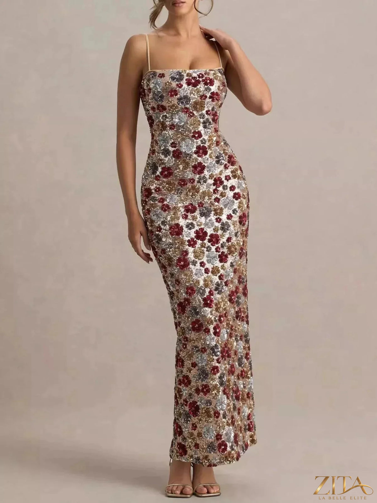 Zita La Belle Elite floral sequin slit bodycon maxi dress, elegant evening dress with floral patterns and side slit detail.