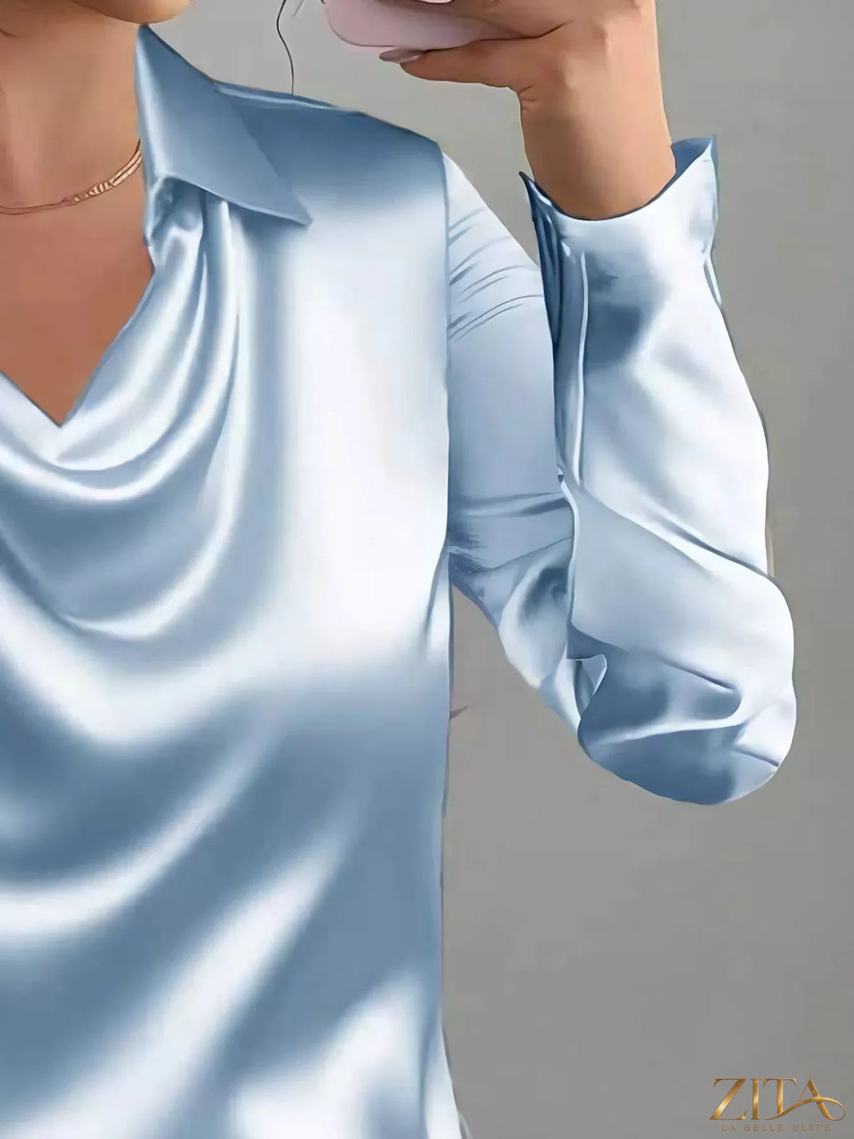 Zita La Belle Elite satin collared long sleeve blouse with button front and elegant fit, shown on a model.