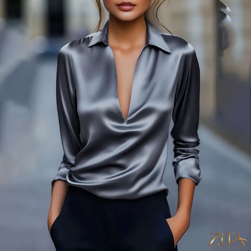 Zita La Belle Elite V-neck long sleeve satin blouse in a casualwear style, shown in a close-up of the soft, shiny fabric and V-neck.