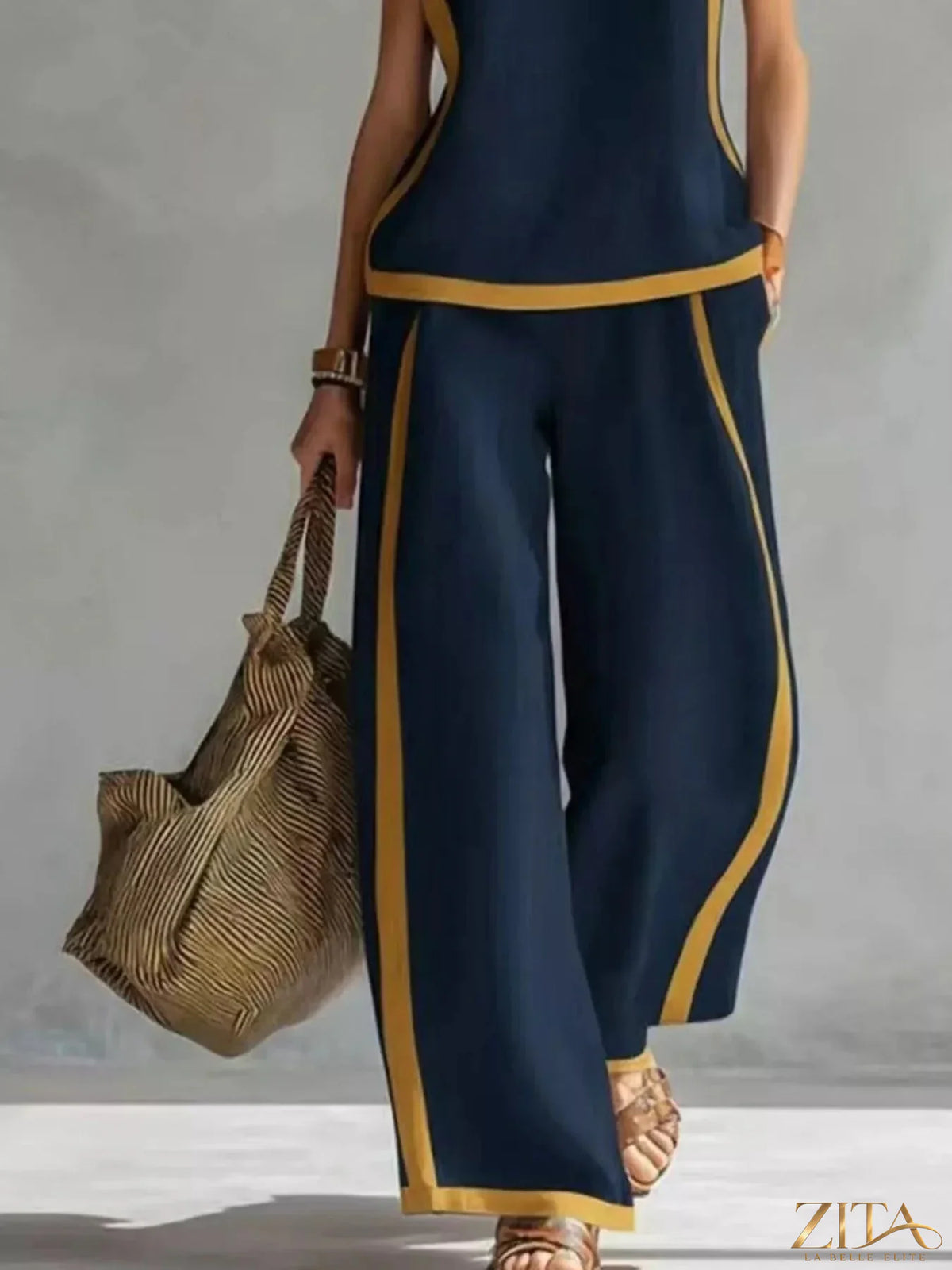 Zita La Belle Elite sleeveless tank top and wide-leg pants set, stylish casual outfit with neutral tones and comfortable fit.
