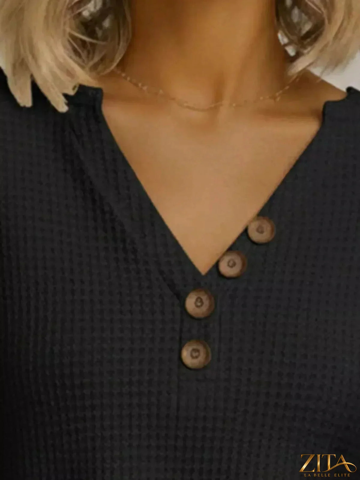 Plus size Zita La Belle Elite waffle knit V-neck long sleeve T-shirt in casual style, featuring a full-size, relaxed fit.