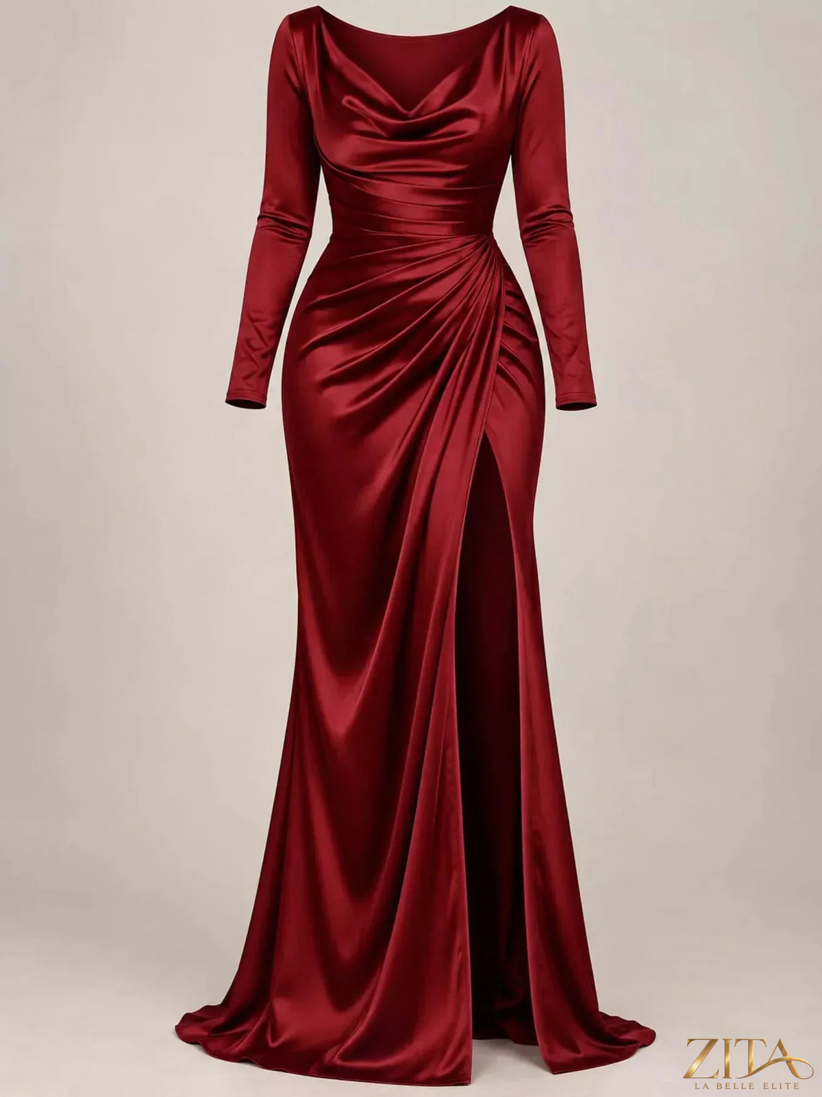 Plus size Zita La Belle Elite satin cowl neck evening maxi dress with high slit, full length, elegant and flowing for formal occasions.