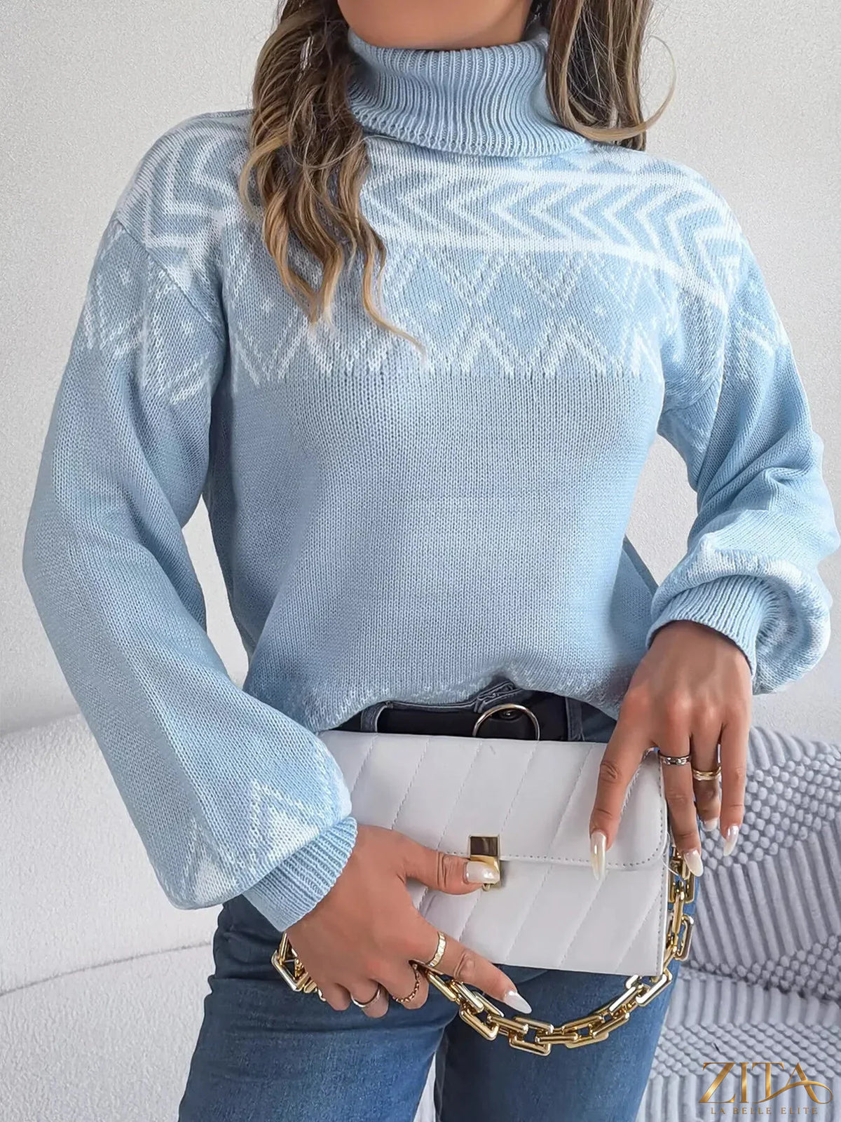 Zita La Belle Elite turtleneck dropped shoulder sweater in soft knit fabric, featuring a relaxed fit and cozy style.