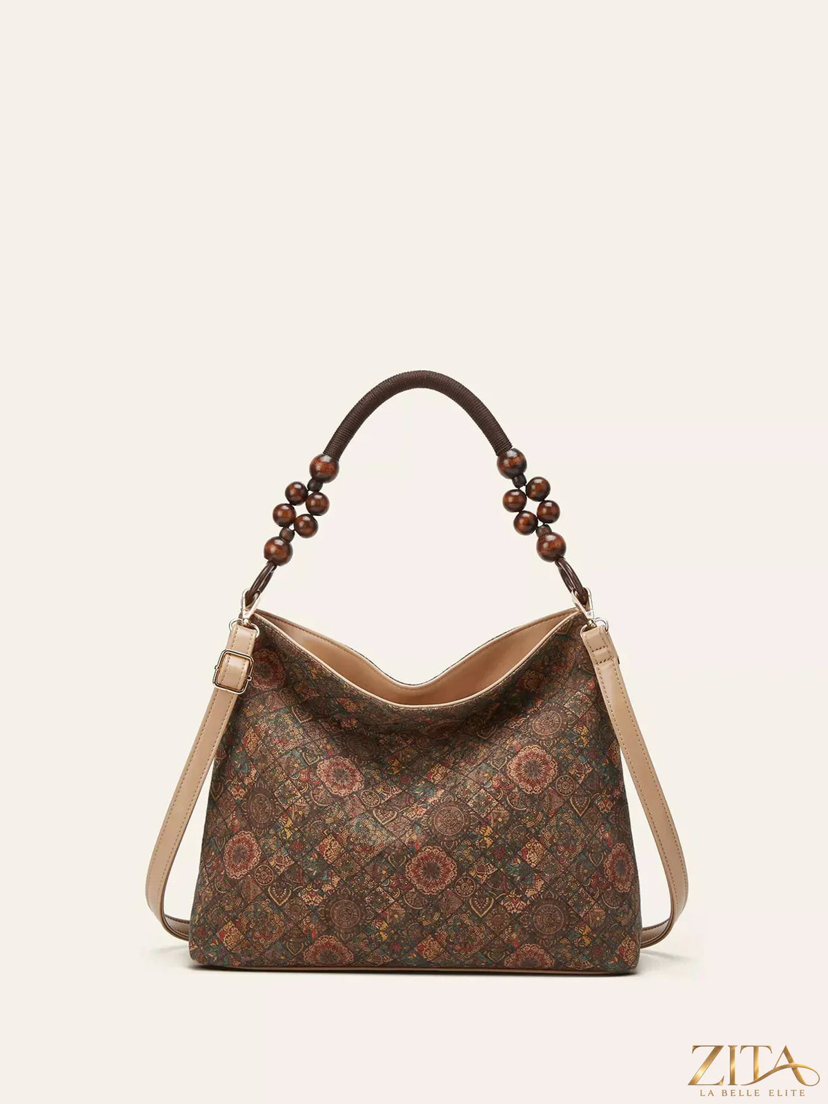 Bohemian geometric pattern hobo handbag by Zita La Belle Elite, showcasing a stylish, spacious bag with intricate design details.