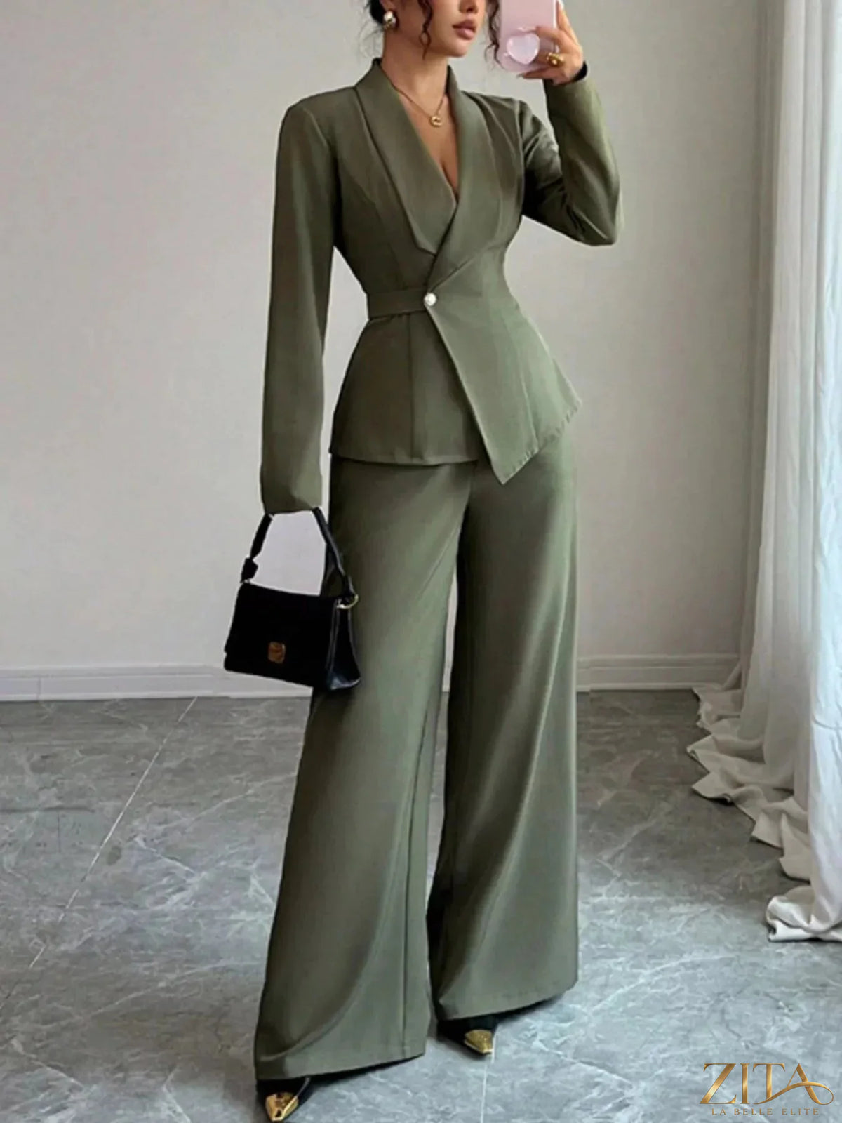 Zita La Belle Elite one button blazer and matching pants set, stylish tailored women's suit, dark fabric with sleek design.