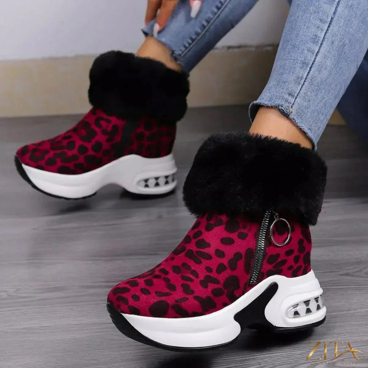 Zita La Belle Elite fuzzy side zipper platform ankle boots with chunky soles and stylish design.