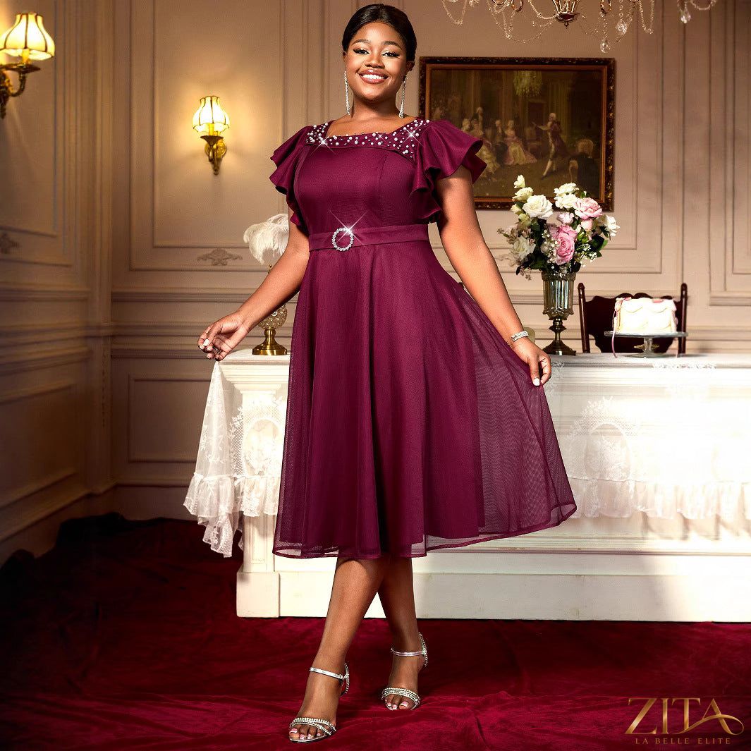 Elegant summer mesh dress by Zita La Belle Elite with butterfly sleeves and ruffles, perfect for weddings and parties.