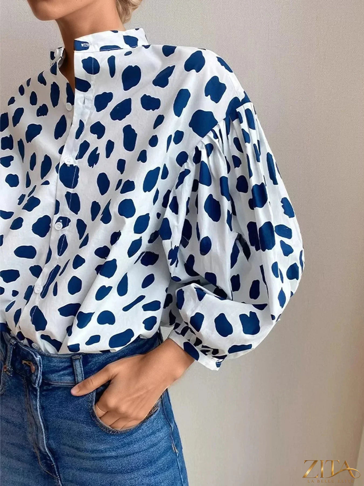 Printed puff sleeve button-down shirt by Zita La Belle Elite, featuring a stylish design and puffed sleeves.