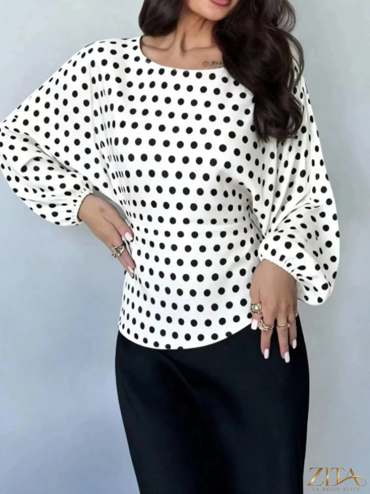 Zita La Belle Elite back tie long sleeve blouse with a relaxed fit, featuring a tie detail at the back and comfortable long sleeves.