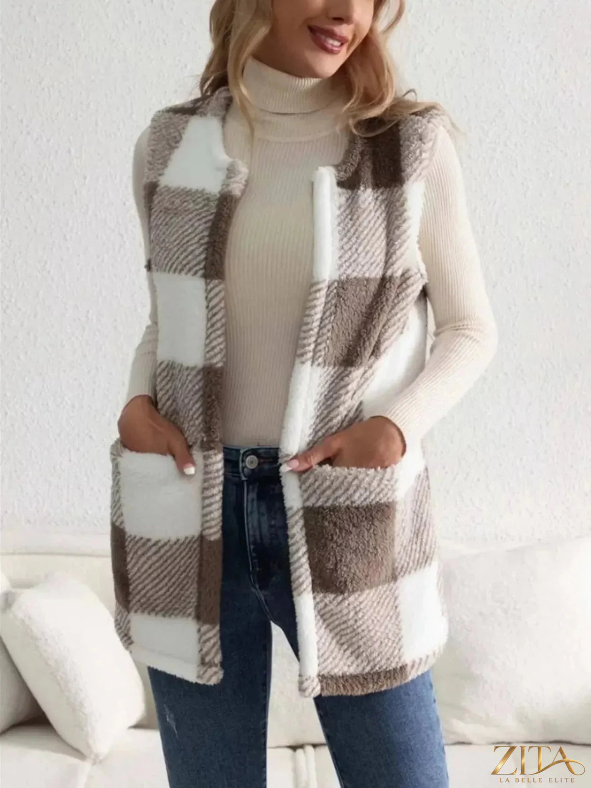 Zita La Belle Elite cozy plaid sherpa vest coat with soft lining and button closure, perfect for warm winter layering.