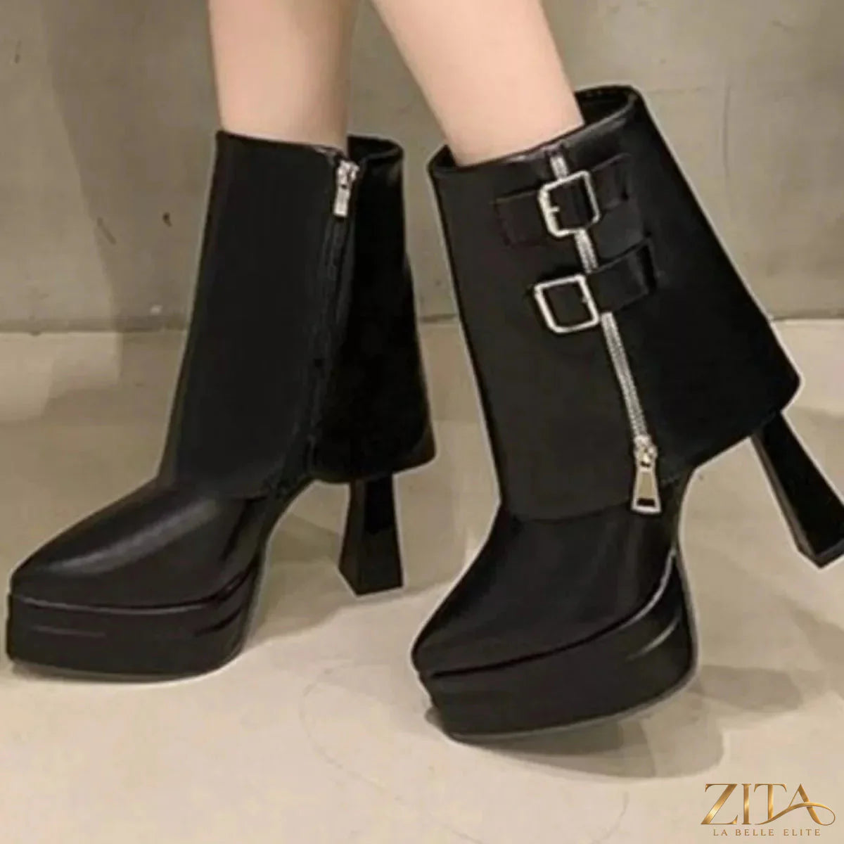 Zita La Belle Elite point toe block heel boots with sleek black leather and stylish design, perfect for chic footwear.