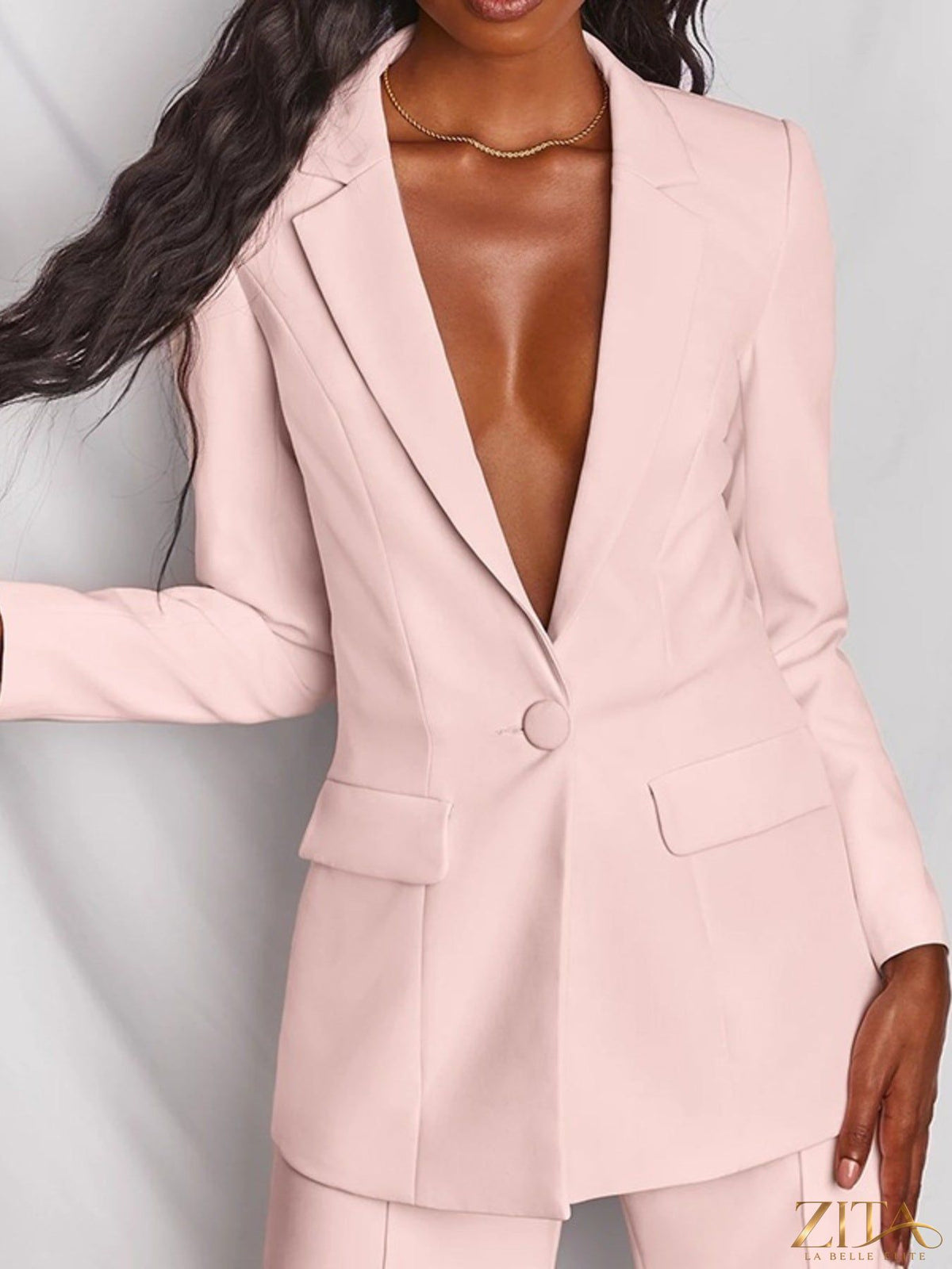 Plus size Zita La Belle Elite blazer and wide-leg pants set featuring a full-size one-button blazer and matching pants.