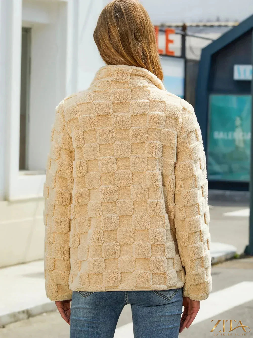 Zita La Belle Elite fuzzy checkered zip-up jacket with a cozy, stylish design and front zipper closure.