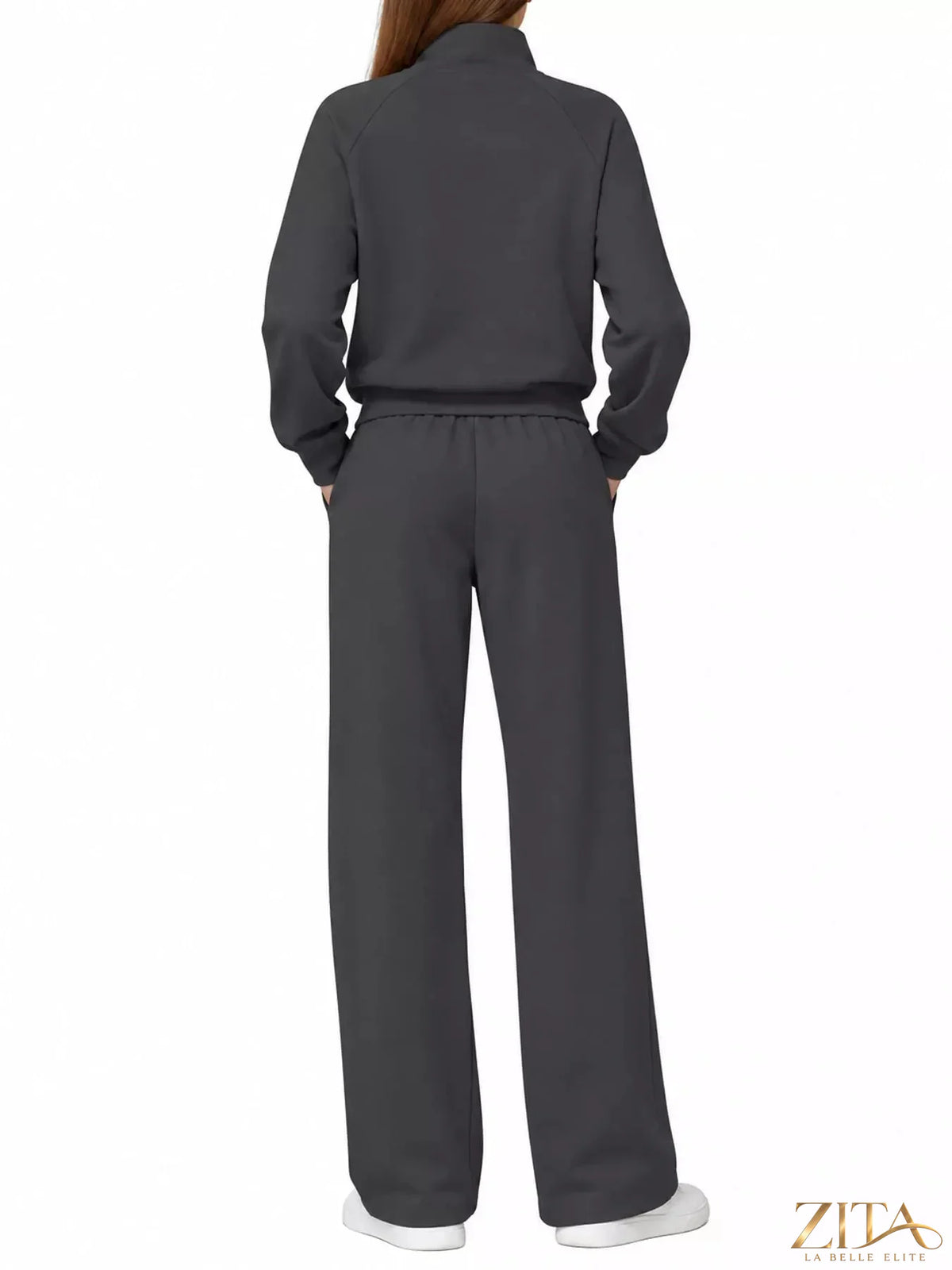 Zita La Belle Elite half-zip sweatshirt and wide-leg pants set in soft fabric, shown laid out flat.