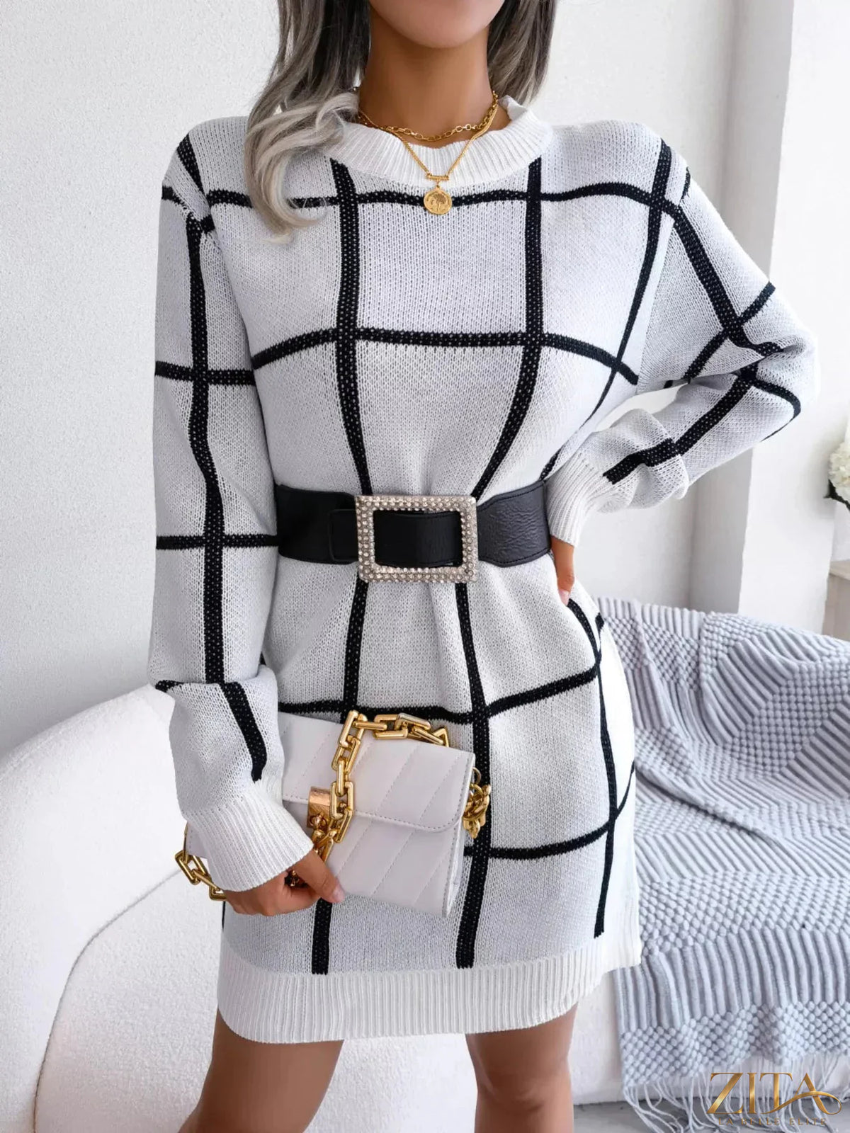 Zita La Belle Elite plaid long sleeve sweater dress with a cozy, stylish plaid pattern and a comfortable fit.