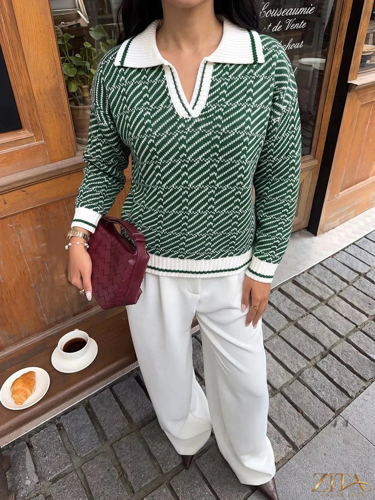Zita La Belle Elite geometric patterned collared sweater with bold design and ribbed cuffs on a white background.