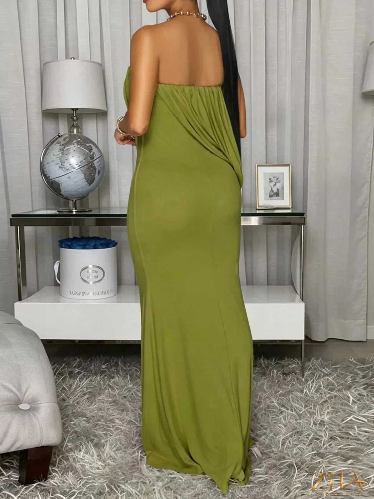 Strapless draped maxi dress by Trendsi featuring flowing fabric and elegant design, perfect for formal or summer occasions.