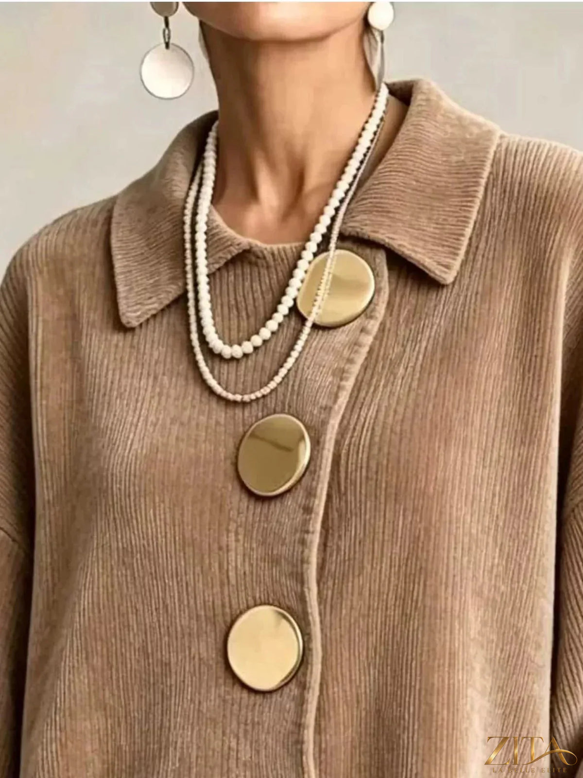 Plus size ribbed knit cardigan with gold buttons by Zita La Belle Elite, showing the full front view and cozy textured fabric.