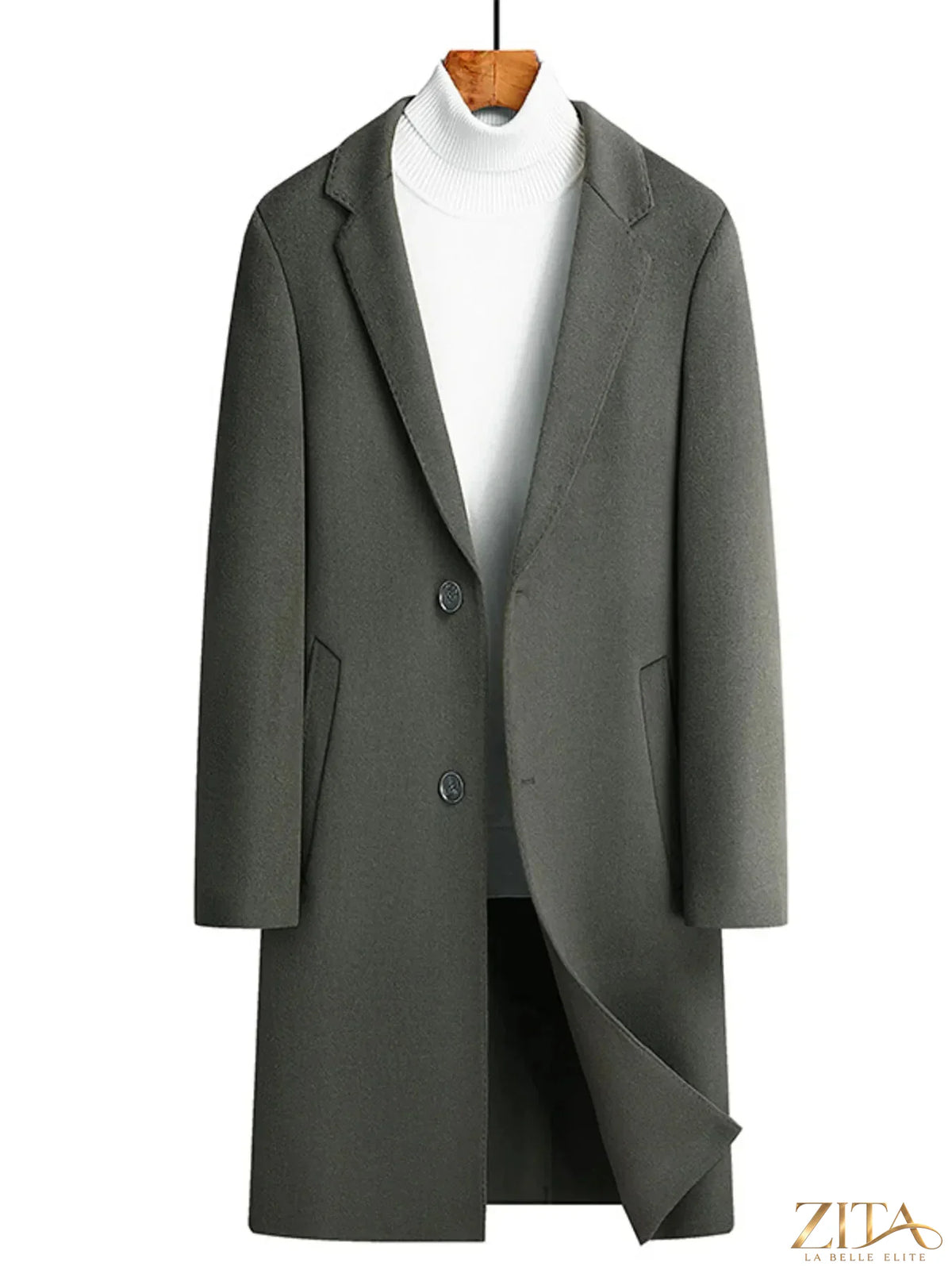 Men's plus size long coat with lapel collar from Zita La Belle Elite, featuring a stylish, tailored design in the image.