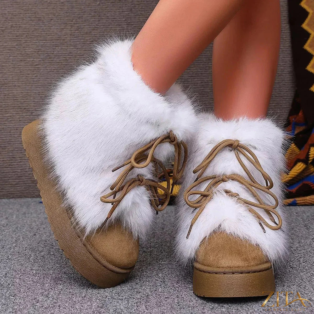 Zita La Belle Elite winter faux fur trimmed lace-up boots with chunky soles and stylish design for cold weather.