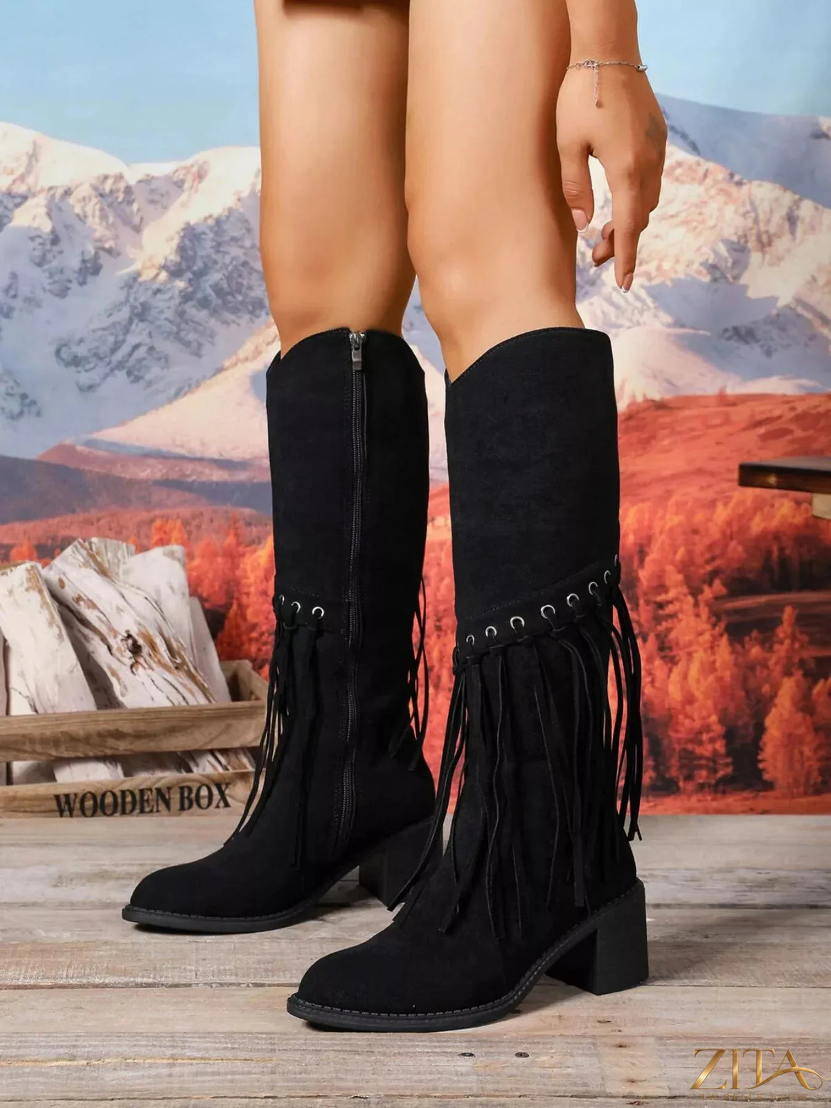 Zita La Belle Elite fringe point toe block heels boots with stylish fringe details and sturdy block heels, shown in black leather.
