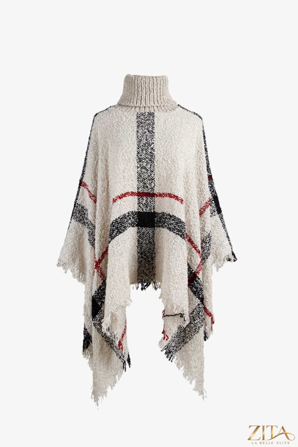 Plaid turtleneck raw hem poncho by Trendsi featuring a cozy, stylish plaid pattern and a high neckline with unfinished hem detail.