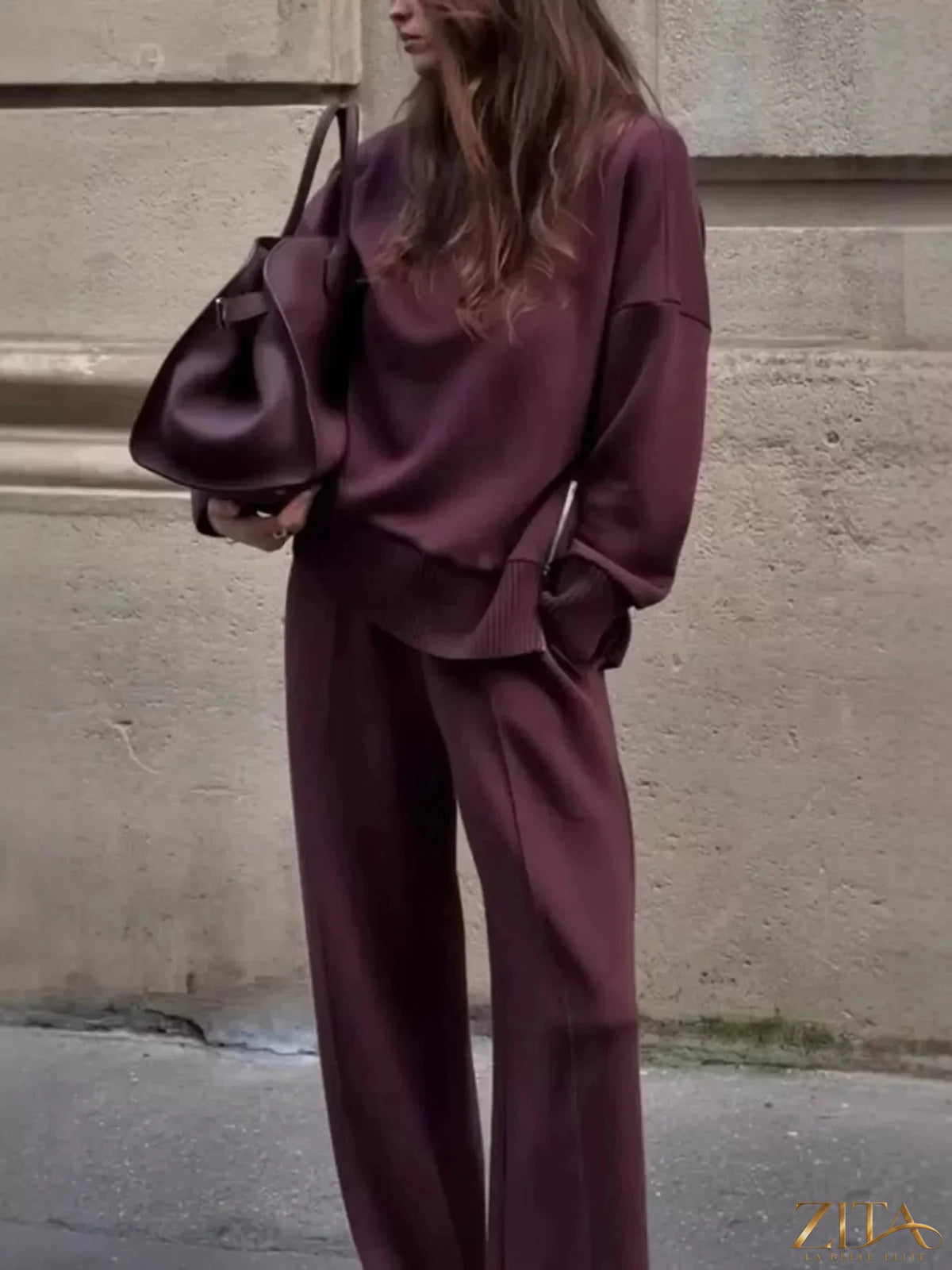 Zita La Belle Elite turtleneck dropped shoulder top and matching pants set, featuring a cozy knit fabric in a stylish design.
