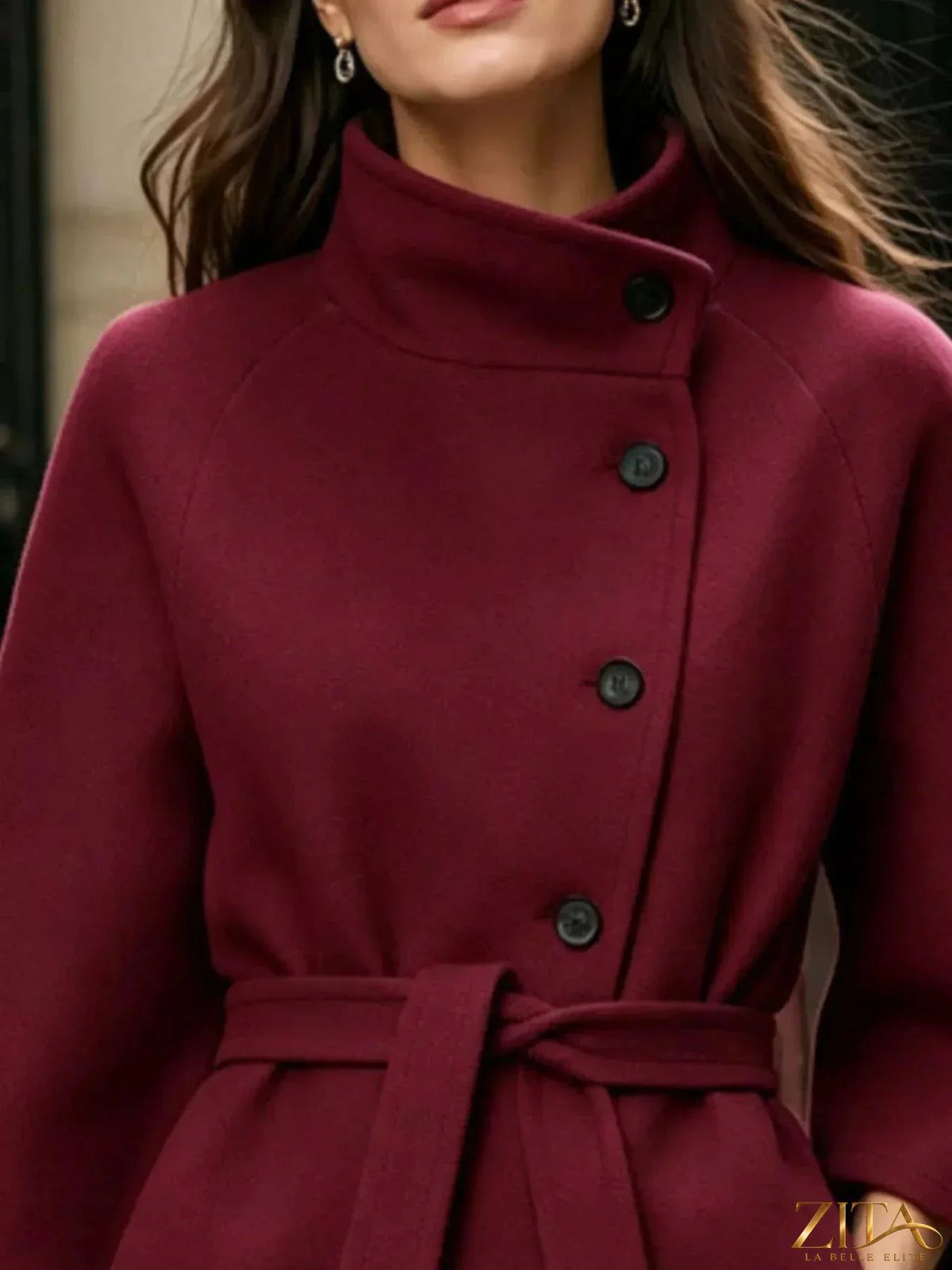 Zita La Belle Elite button down cape coat with belted waist, featuring a stylish silhouette and elegant design.