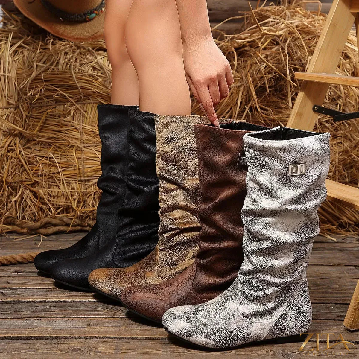 Zita La Belle Elite slouchy mid-calf boots in soft leather with stacked heels and relaxed fit, stylish footwear for casual wear.