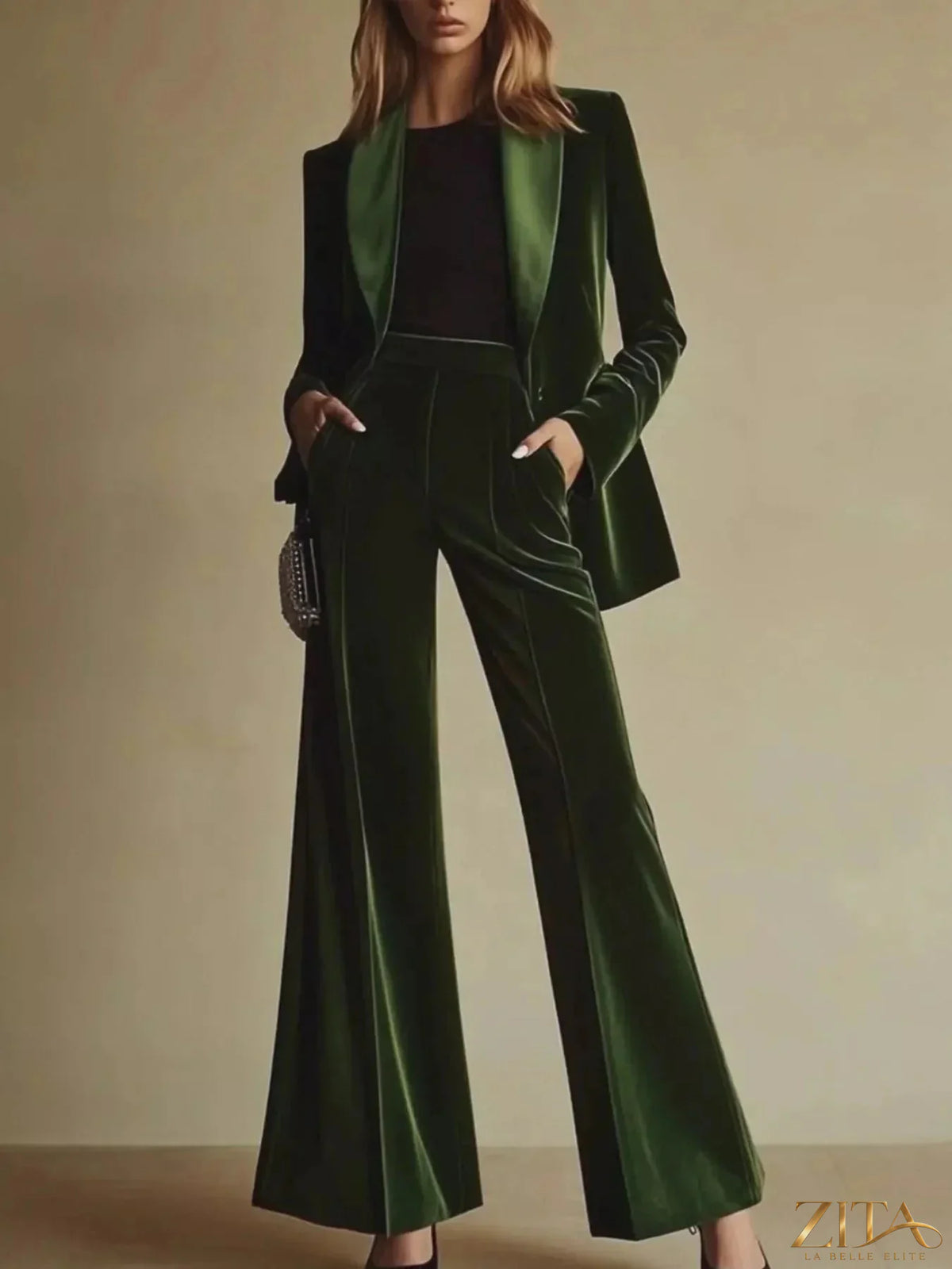 Zita La Belle Elite velvet blazer and wide-leg pants set, stylish tailored suit in rich velvet fabric, front view.