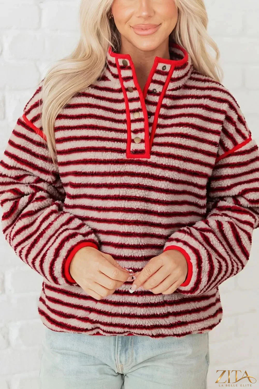 Zita La Belle Elite striped fuzzy colorblock sweatshirt with button placket, featuring cozy knit fabric and vibrant color pattern.