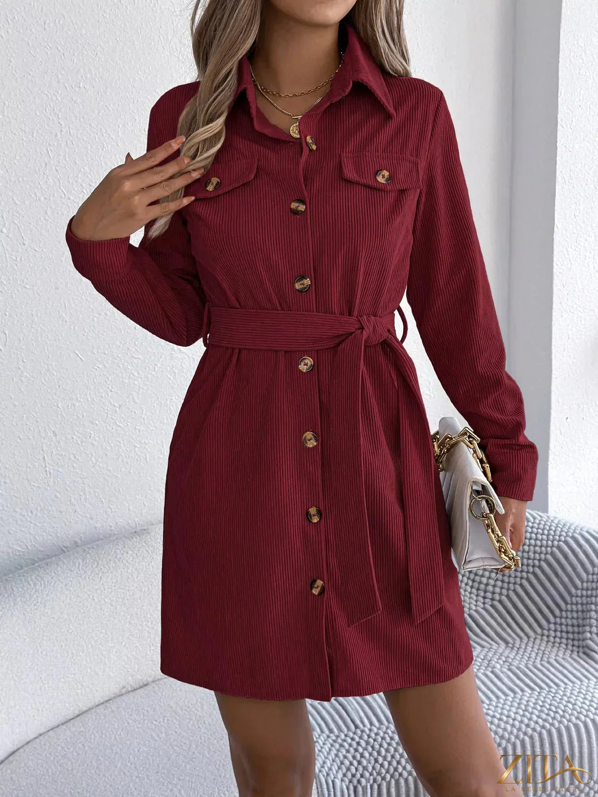 Zita La Belle Elite corduroy button-down shirt dress in earthy brown with long sleeves and a collar, styled for casual wear.