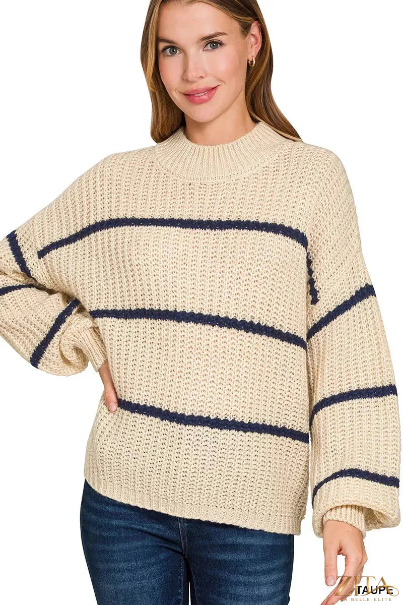 Zita La Belle Elite Zenana oversize striped sweater featuring a cozy, relaxed fit with bold horizontal navy and white stripes.