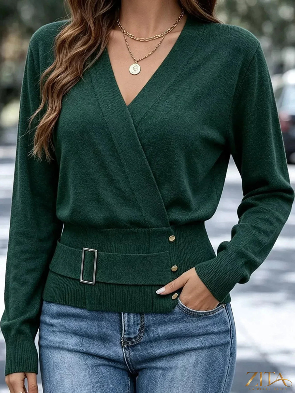 Zita La Belle Elite surplice long sleeve knit top with elastic waist, featuring a stylish and comfortable design in soft fabric.