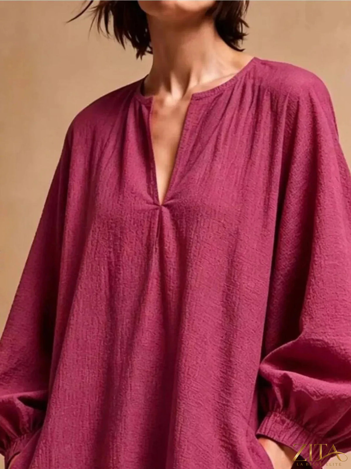 Zita La Belle Elite casual mini dress with loose fit, balloon sleeves, and pockets, featuring a stylish, relaxed silhouette.