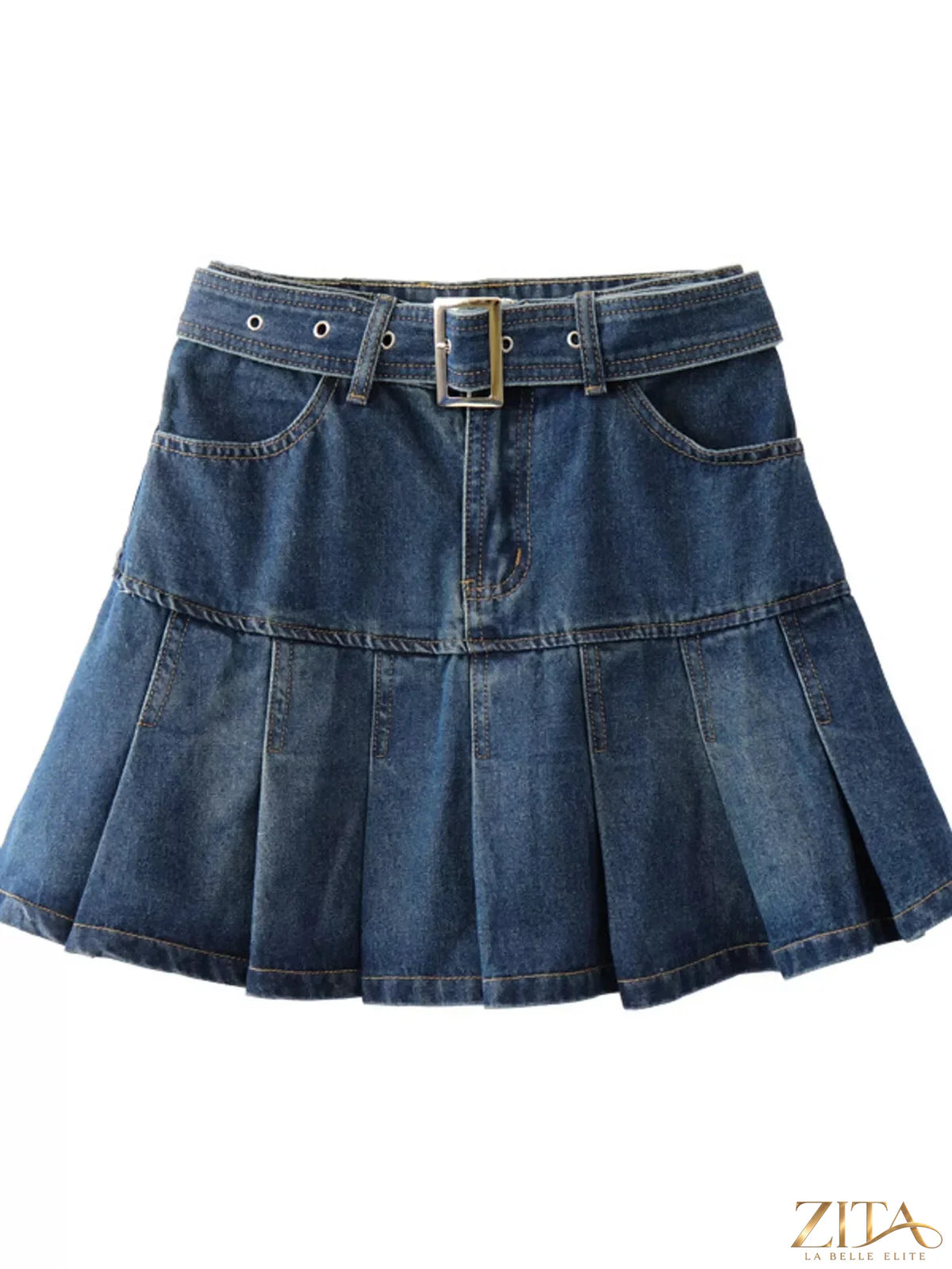High-waisted pleated denim skirt by Trendsi, showcasing a stylish design with pleats and a classic denim finish.