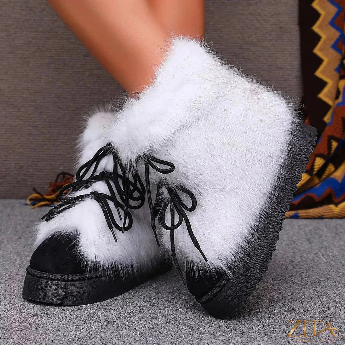 Zita La Belle Elite winter faux fur trimmed lace-up boots with rugged soles and stylish design for cold weather wear