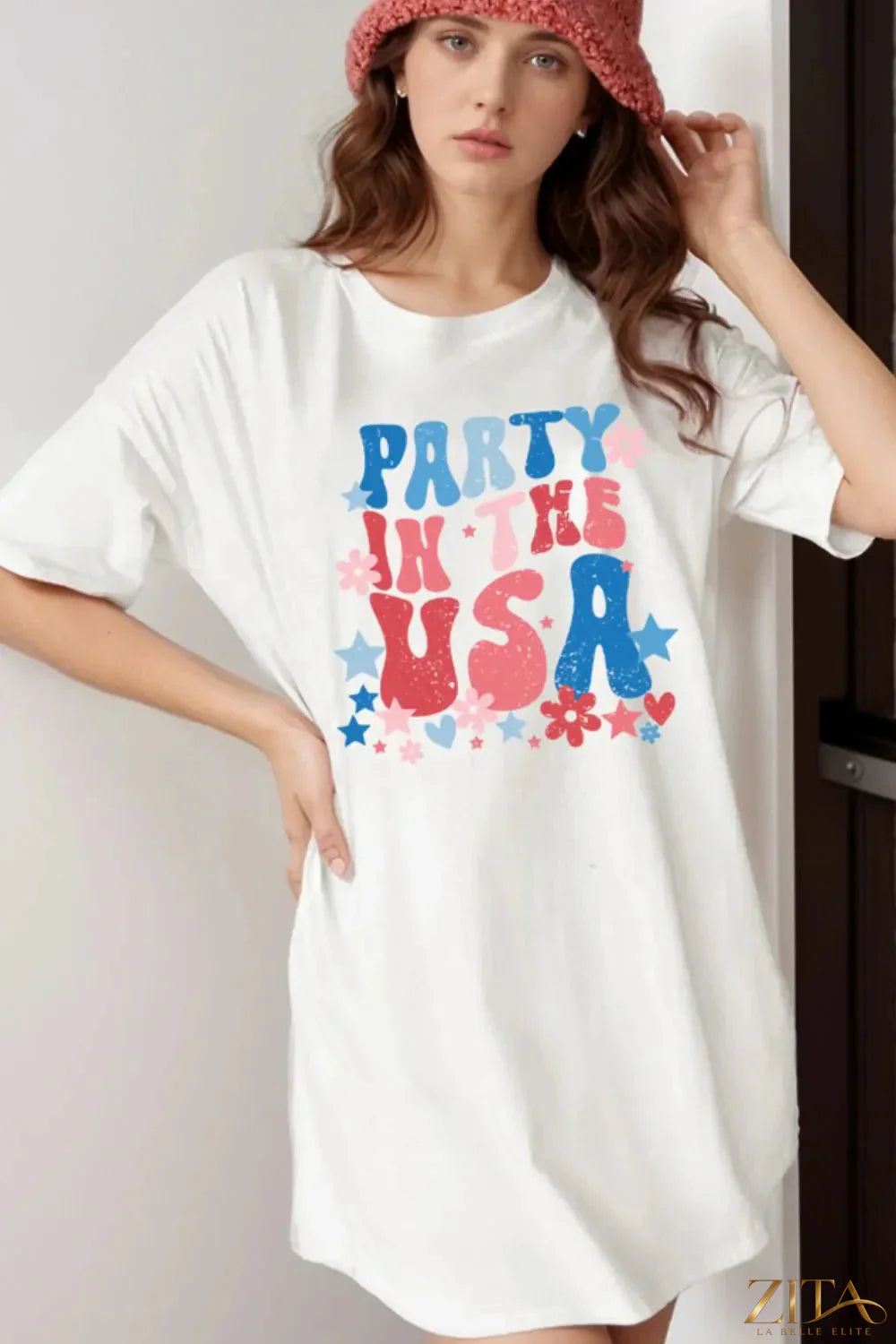 Trendsi Party in the USA graphic oversized T-shirt showing bold text and colorful design on a casual fit tee