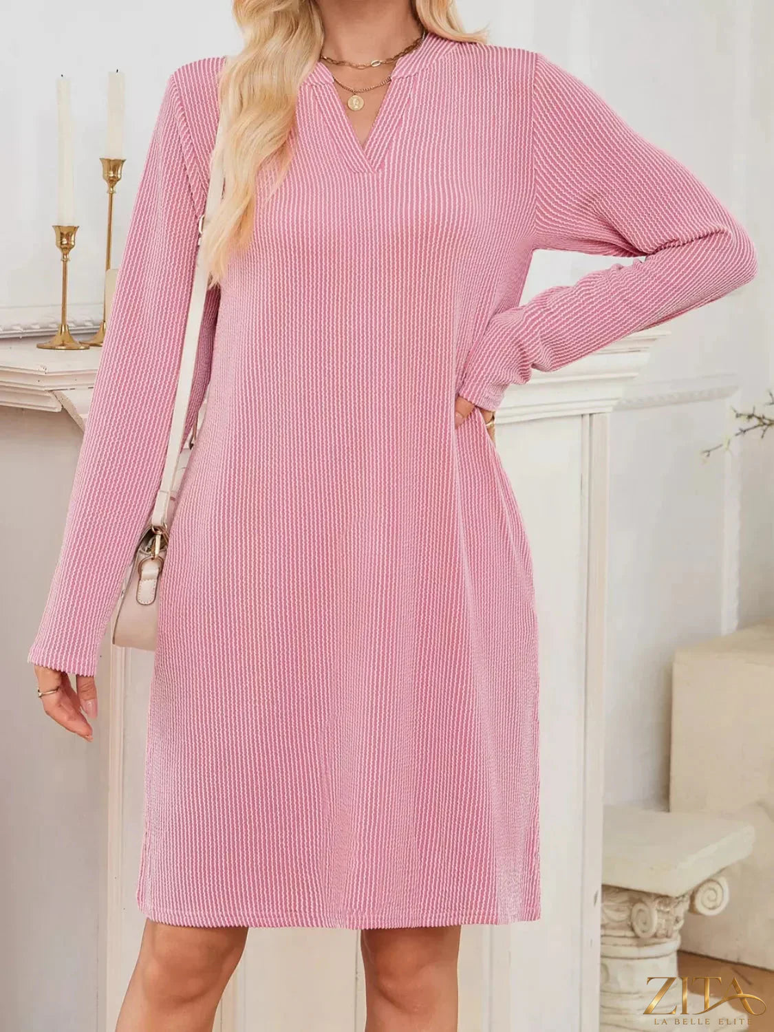 Zita La Belle Elite casual ribbed knit long sleeve dress in soft fabric, featuring a fitted silhouette and round neckline.