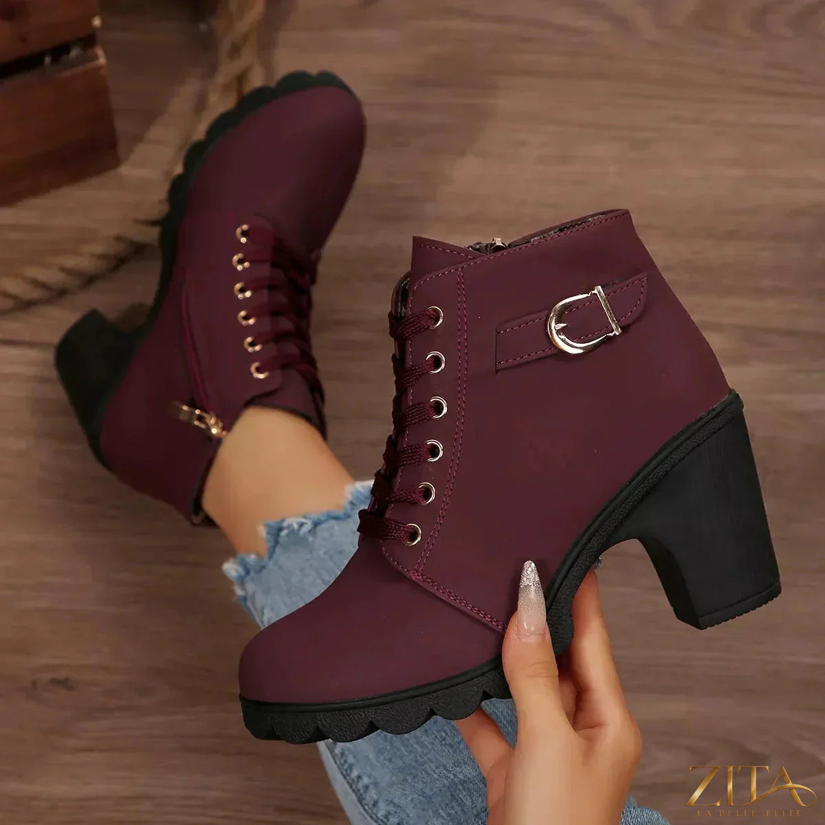 Zita La Belle Elite lace-up ankle boots with buckle detail and chunky heel, stylish leather footwear for everyday wear.