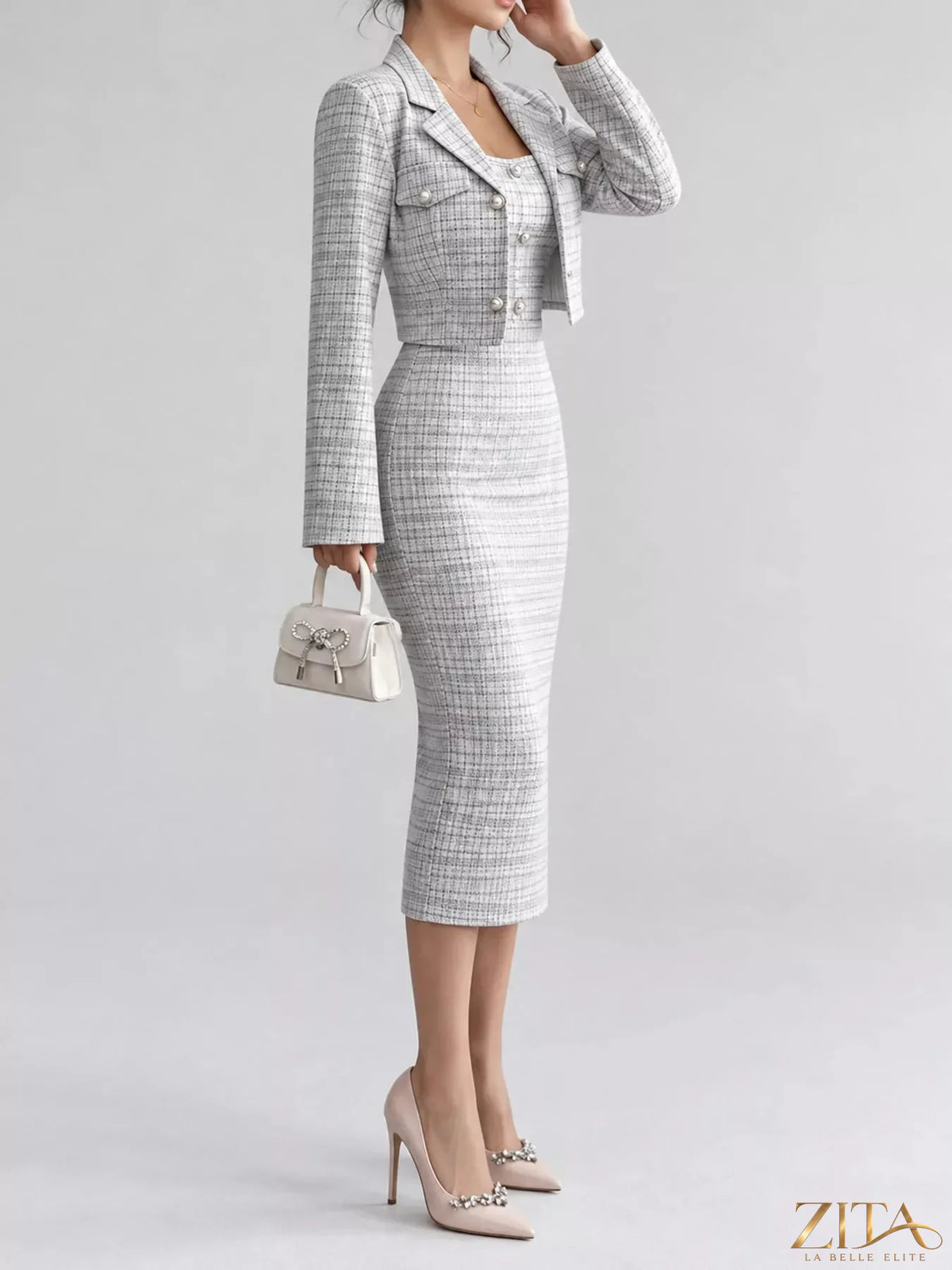 Zita La Belle Elite tweed square neck dress and matching cardigan set, shown in a stylish, coordinated outfit with textured fabric.