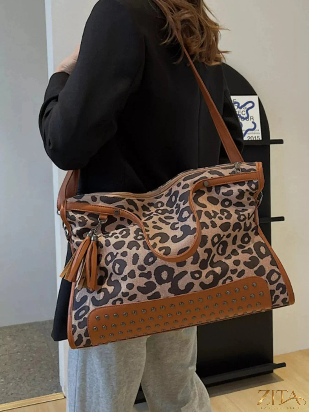 Leopard studded tote bag by Zita La Belle Elite with animal print design and metal stud accents, large and stylish for everyday use.