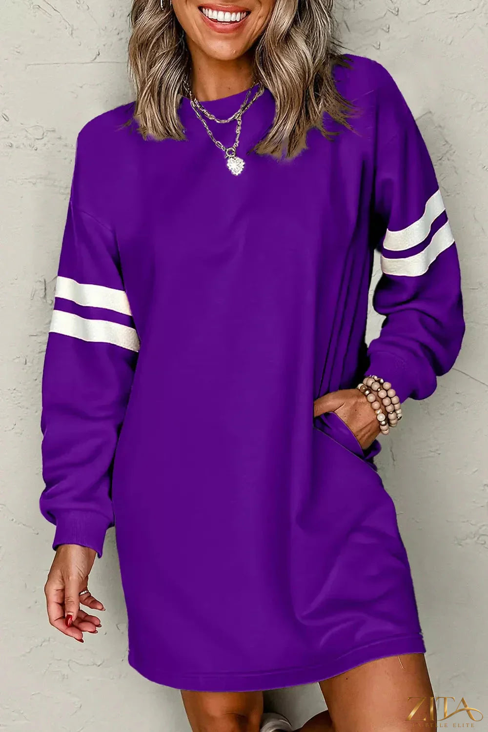 Zita La Belle Elite stripe long sleeve casual sweatshirt dress, soft and comfortable, styled with a relaxed fit and classic design.