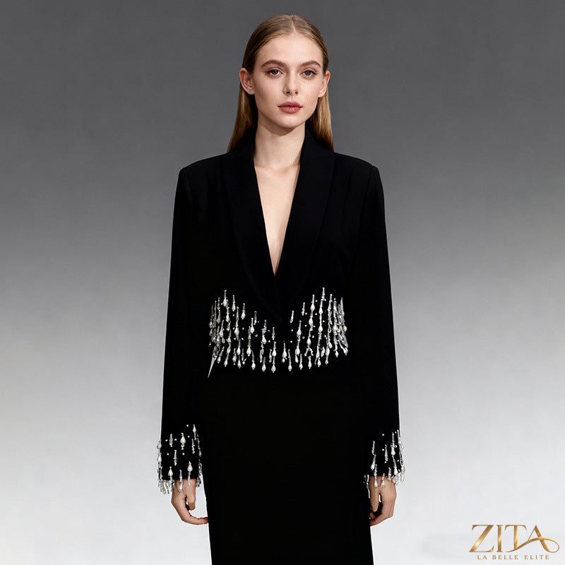 Elegant tailored blazer by Zita La Belle Elite, showcasing a sleek office-ready design in classic fabric with a fitted silhouette.