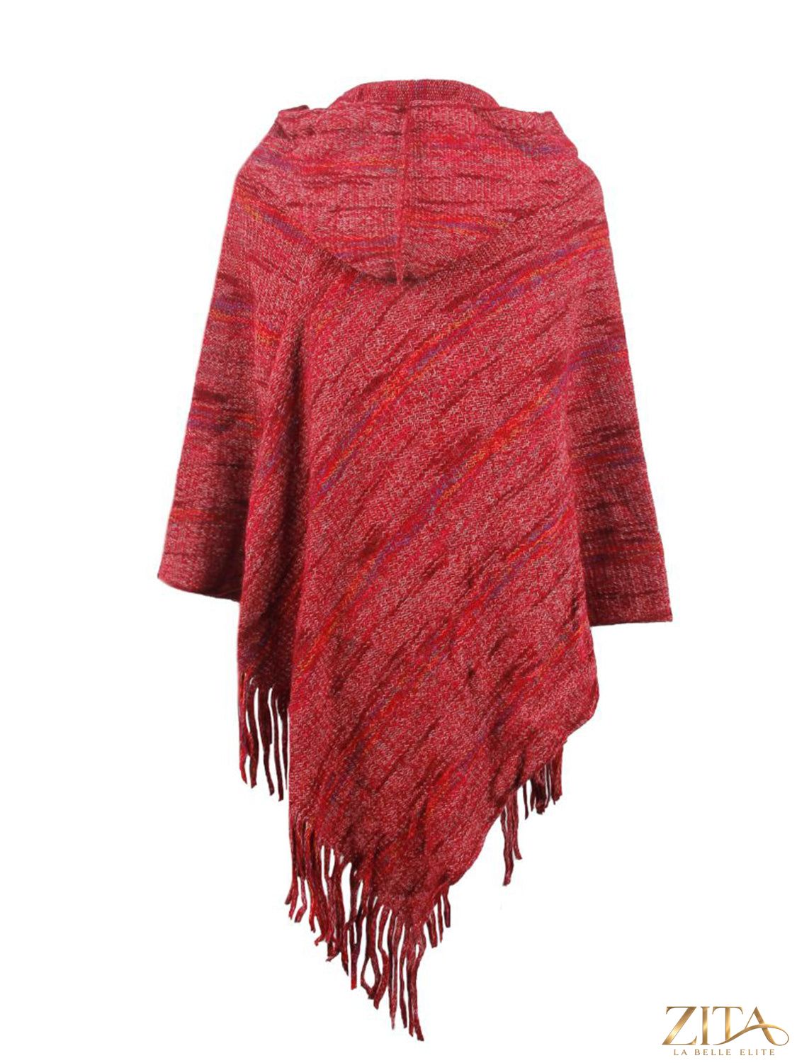 Zita La Belle Elite fringe hem hooded poncho in cozy fabric with fringe details, draped over a model for a stylish layered look.