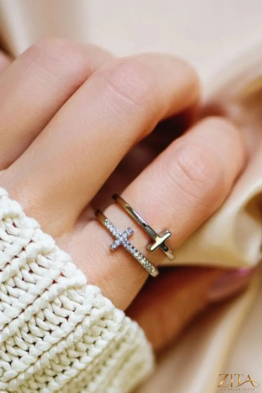 925 Sterling Silver Inland Zircon Cross Ring by Zita La Belle Elite, showcasing a detailed cross design with sparkling zircon stones.