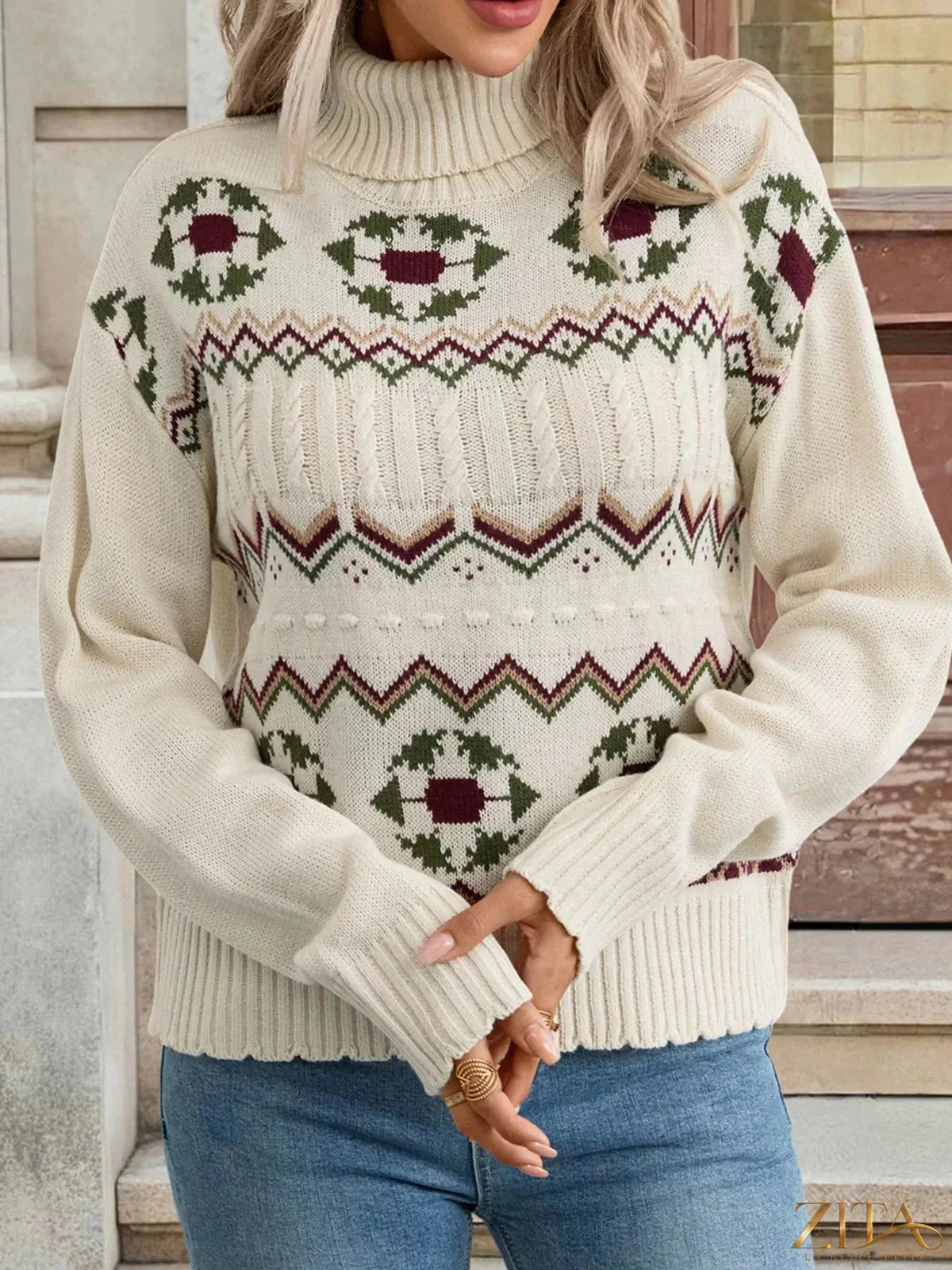 Trendsi cable knit turtleneck sweater featuring a cozy, textured design in a neutral color, shown on a mannequin.